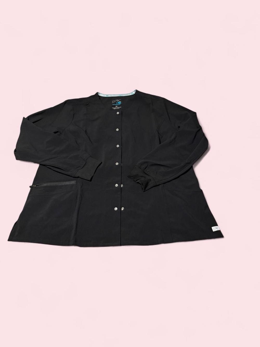 Women's Black Snap-Front Scrub Jacket with Zip Pocket